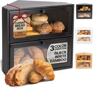 Corner Bread Box for Kitchen Countertop Vintage Bamboo Wooden BreadBox, Storage for Homemade Bread, Sourdough, Panera