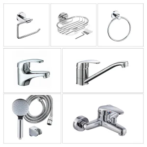 Apartment Bathroom Full Hardware Set Chrome Plated Brass &amp; Zinc Faucet Kitchen Sink Tap Shower Mixer Washbasin Tap Sanitary Ware for Projects &amp; Hote
