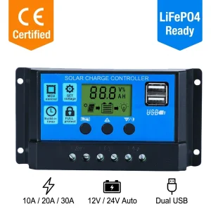 PWM Solar Charge Controller OEM 10A/20A/30A LiFePO4 12V/24V Auto LCD Dual USB CE Off-Grid Solar Regulator SCBOUZEAL