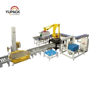 High-Performance Robotic Palletizing and Stretch Wrapping Unit Integrating Pallet Supply, Conveyor System and Material Alignment for Beverage Processing