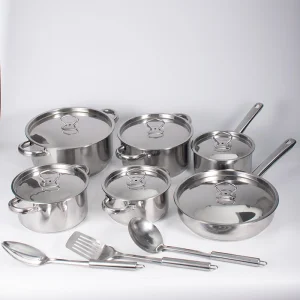 Modern 15-Piece Stainless Steel Multi-Pot Set Soup Frying Pan Gas Induction Compatible Oven Safe Sustainable Dishwasher Cookware