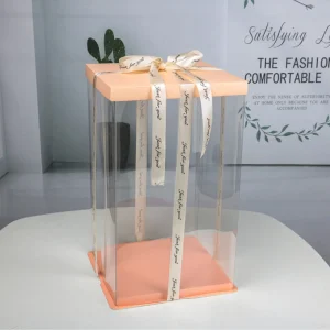 Caixa de Bolo Quadrada Alta Transparente com Tampa de Papel Branca e Decoração de Fita para Embalagem de Confeitaria