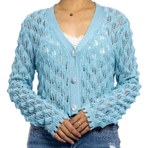 Blue Hollow Textured Crochet V-Neck Cardigan