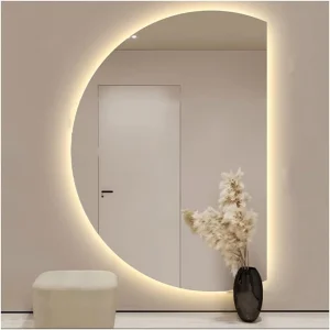 Half Moon Shape Backlit LED Lighted Bathroom Smart Wall Circle Mirror with Time Display