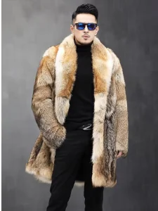 2025 Winter New Faux Wolf Fur Overcoat Trench Long Fashion Men's Business Lapel Thick V-neck