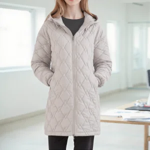 Elegant Beige Quilted Hooded Parka Women's Mid-Length Winter Outerwear Windproof Zipper Stripe