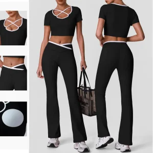 Conjunto de Roupas de Ginástica Femininas 2 Peças Leggings de Treino Top de Esporte Conjunto de Fitness para Academia