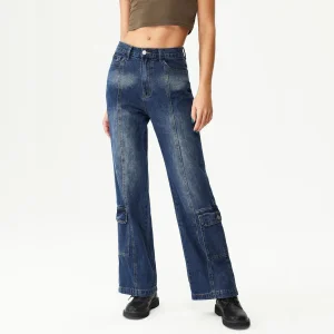 GM02 Loose High Waist Women's Straight Fit Denim Jeans with Side Pockets