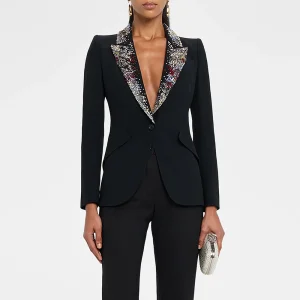 OEM High End Elegant Black Formal Evening Party Business Tailored Designer Outerwear Luxury Crystal Lapel Women Blazer Jacket
