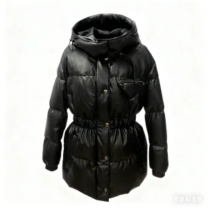 Women's Faux Leather Down Jacket - Shiny Puffer Coat with Hood &amp; Waist Drawstring