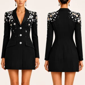 Custom Embellished Hourglass Structured Blazer Mini Dress in Black Formal Breathable