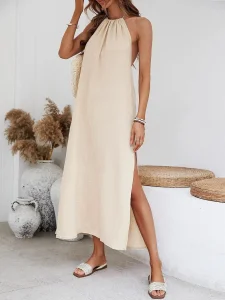 Vestido Maxi Sem Costas com Fenda para Mulheres, Roupas Casuais de Verão para Praia