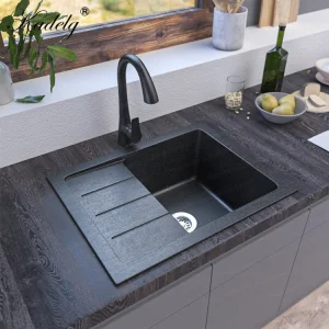 Custom Logo Top Mount Black Single Bowl Rectangular Granite Farmhouse Sink Kitchen Sink
