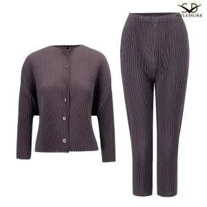 ODM Women's Round Neck Three - Quarter Sleeve Pleated Cardigan, Top and Pants Set Suppliers, Factory