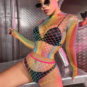 Carnival Theme Park Rainbow Color Sexy Fishnets Bodysuit Opaque Sheer Body Stockings Hollow Out Lingerie For Women