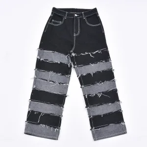 Striped Patchwork Black Patchwork Denim Skinny Men's Slim Fit Jeans with Acetate