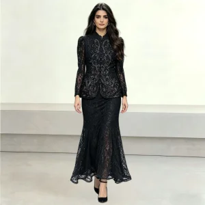 Women's Elegant Black 2 Piece Suit Lace Beaded Jacket and Mermaid Maxi Skirt for Formal Events Wedding Guest Party Modest Sets