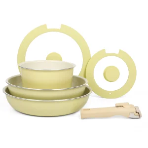 Stackable Aluminum Cookware Set with Removable Handle and Silicone Lid Non-stick Pans for Induction