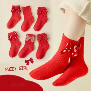Meias de Natal de Algodão com Laço Vermelho para Crianças