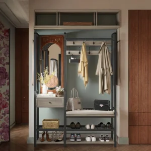 Modern 3-in-1 Entryway Hall Tree Coat Rack with Shoe Bench and 2 Fabric Drawers for Bedroom