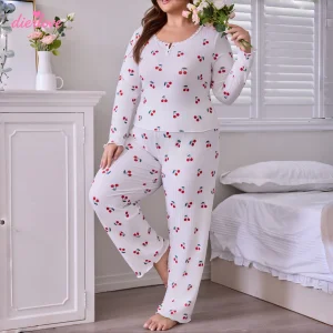 Plus Size Women's Luxury Cherry Print Two-piece Breathable Simple Summer Pajamas Sleepwear Set Long Sleeve Shorts Home Clothes