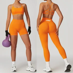 Wholesale 3 PCS Plus Size Seamless Yoga Set Pilates Fitness Clothing Vendor, Sexy Strappy Back Sports Bra + Gym Shorts + Workout Leggings Matching Activewear