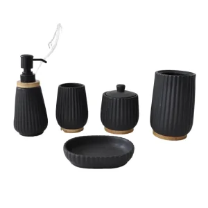 Buy Matte Black Ribbed Ceramic Bathroom 5-Piece Set with Wood Base Manufacturers, Exporter