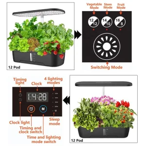 12-Pod Hydroponic Height Adjustable Planter and Auto Timer Indoor Garden System with LED Grow Lights for Herbs and Plants