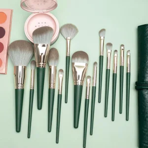 Private Label 14pcs Green Wooden Handle Cosmetic Makeup Brush Kits