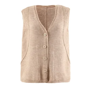 Venda por atacado de moda feminina, colete de malha casual sem mangas, cardigan em V, suéter de malha solto e confortável, colete, topo de marca, vestuário de malha