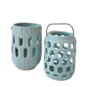 Wholesale Modern Light Blue Hexagonal Cutout Ceramic Lantern Set Manufacturer, Exporters