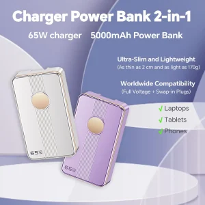65W Compact 2-in-1 Power Bank Charger 5000mAh, Lightweight External Battery for Home, Office and Outdoor Travel Use