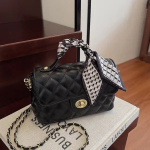 Women's Quilted Pu Crossbody Bag, Mini Chain Shoulder Bag with Silk Scarf Handle, Turn Lock Satchel Purse for Daily Use
