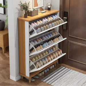 FULLSUMMER Ultra Thin Modern Designs Flip Drawers Tipping Wooden Storage 6 Tier Shoe Rack Cabinet With Door White