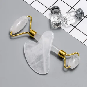 Skincare Beauty Tool Facial Massage Natural Stone White Clear Crystal Jade Roller Gua Sha Set for Anti Aging