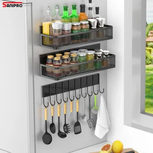 Sanipro Wall Mounted Punch-Free Magnetic Refrigerator Rack Organizer Storage Shelf Kitchen Spice Racks with Metal Hooks