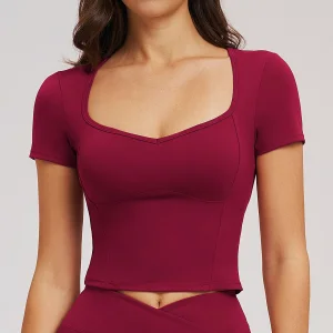Blusa de Gola Alta Justa para Yoga com Mangas Curtas para Mulheres