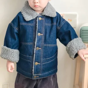 Children Fashion Washed Denim Button Down Sherpa Lined Winter Outdoor Warm Jacket