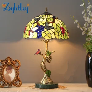 Lâmpada de Mesa Vintage em Vidro Manchado de Cobre com Folha Verde Floral para Sala de Estar Quarto (ZY-DFN022)