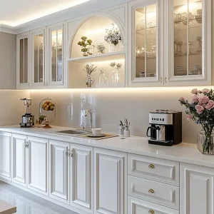 Projeto de Cozinha Villa EUA Design de Armário Moderno Lacquer Branco Prefabricado Base Superior Cozinha