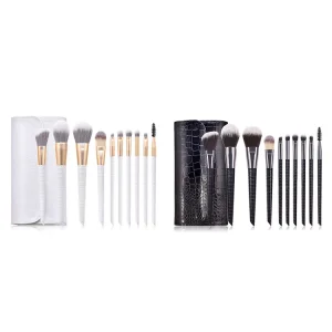 10PCS Conjunto de Pincéis de Maquiagem Personalizados Brancos de Madeira com Bolsa de Cosméticos PU Opcional