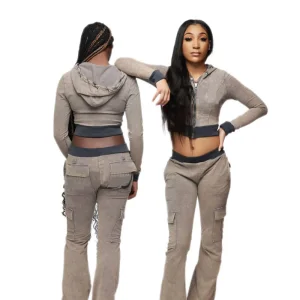Ky Women's Two-Piece Tracksuit Cropped Zipper Hoodie and Cargo Pants Casual Streetwear