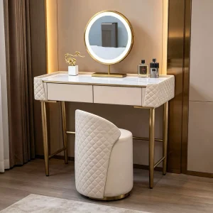 Modern Foldable 120x40x75cm Mirrored Vanity Dressing Table with LED Lighted Mirror and 2 Drawers for Bathroom