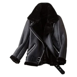 Women's Faux Shearling Moto Jacket Winter Parka Coat