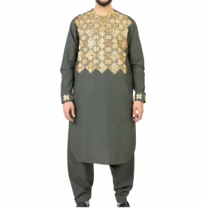 Ethnic Kuchi Handmade Tribal Traditional Embroidery Casual Cotton Men's Afghani Salwar Kameez Long Sleeve Solid Color Ankle