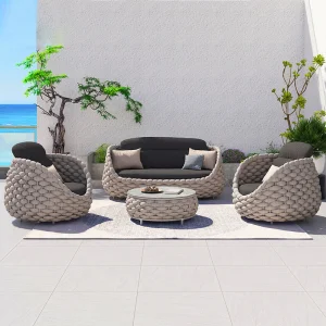 Outdoor Sofa Set Aluminum Frame Patio Couch with Sun Umbrella Woven Rope Garden Furniture