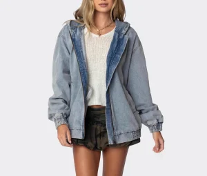 Women's Casual Streetwear Hooded Denim Bomber Jacket with Zip-Up Elastic Cuffs Light Blue Slouchy Fit Autumn Stonewashed