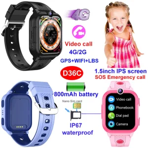 New design China manufacture 4G IP67 waterproof security kids smart GPS watch tracker device with video call SOS panic button live map monitoring D36C