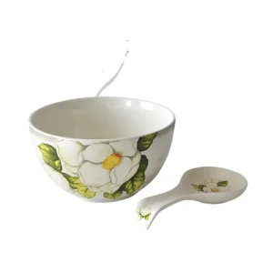 China French Elegant Hand Painted White Camellia Floral Ceramic Bowl and Spoon Set