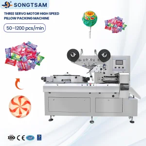 High Speed Soft Cotton Jelly Hard Candy Packing Lollipop Chocolate Peanuts Ball Horizontal Packaging Flow Wrapping Machines